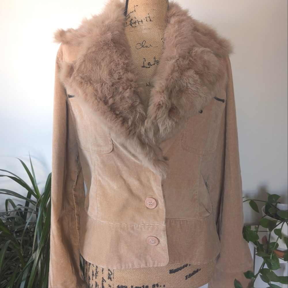 Vtg Y2K PENNY LANE Real Fur Trimmed Neutral Beige Tan Crop Jacket Size Large